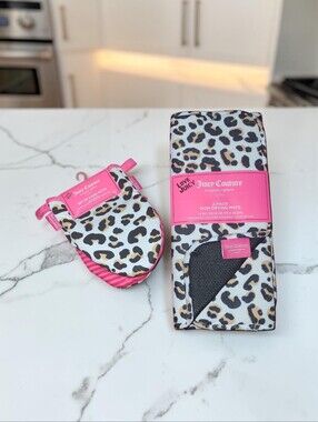 Juicy Couture Leopard Print Dish Drying Mats & Pink Trim Mini Mitts